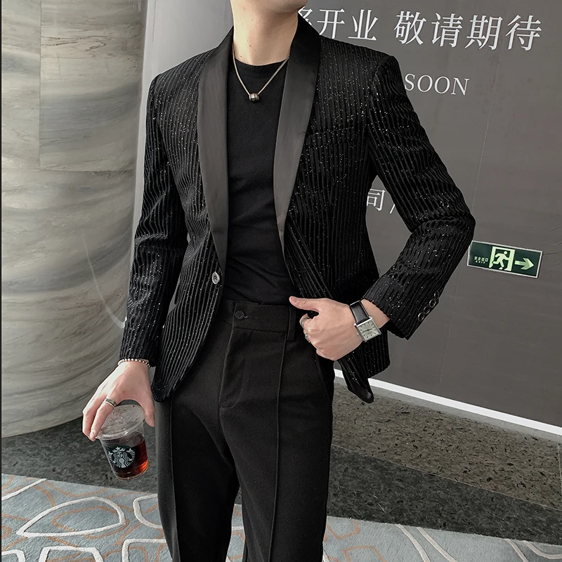 Spring Men Blazers Striped Casual Suit Jacket Sequins Stage Singer DJ Dress Coat Slim Fit Streetwear Social Costume Homme