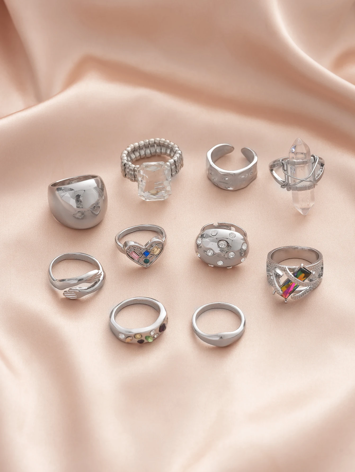 10PCS Personalized Hip Hop Color Synthetic Zircon Inlaid Ring Set for Women