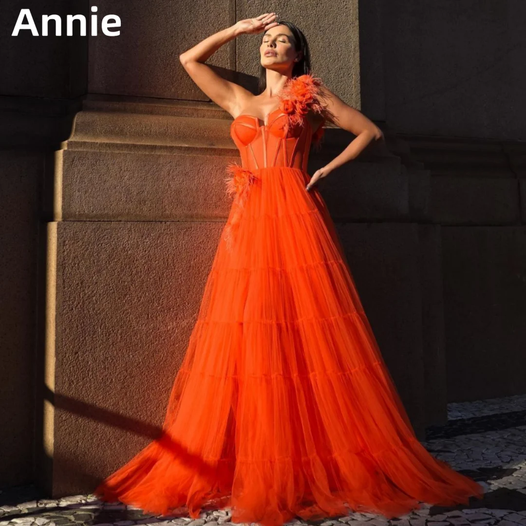 

Annie Sexy Shoulder Prom Dresses 3D Flowers Luxury Feathers Evening Dresses Vestidos De Fiesta Formal Occasions Party Dresses