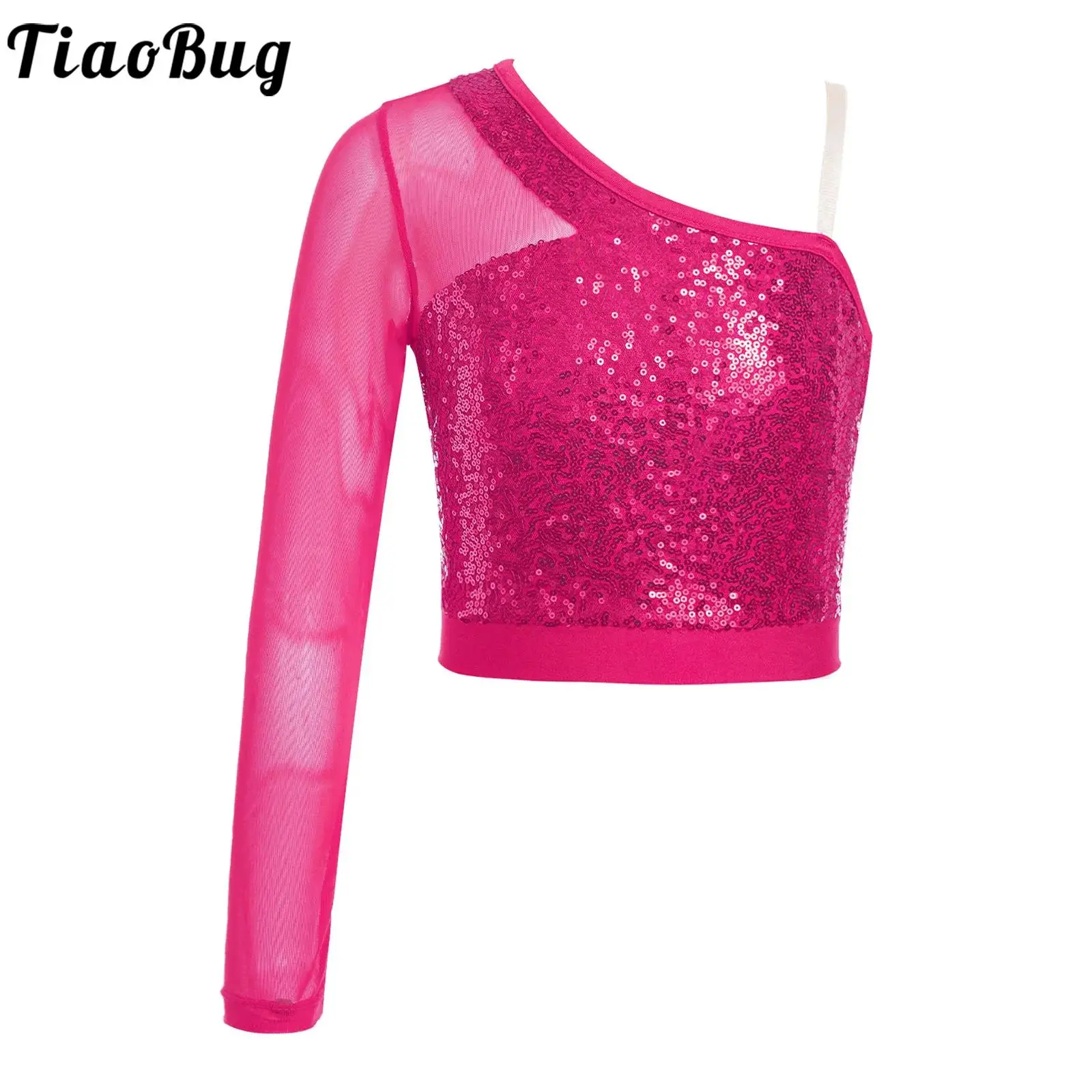 여아용 재즈 댄스 상의, 원 숄더 샤이니 스팽글 크롭탑, 발레 체조 스케이팅 무대 공연 댄스 웨어 