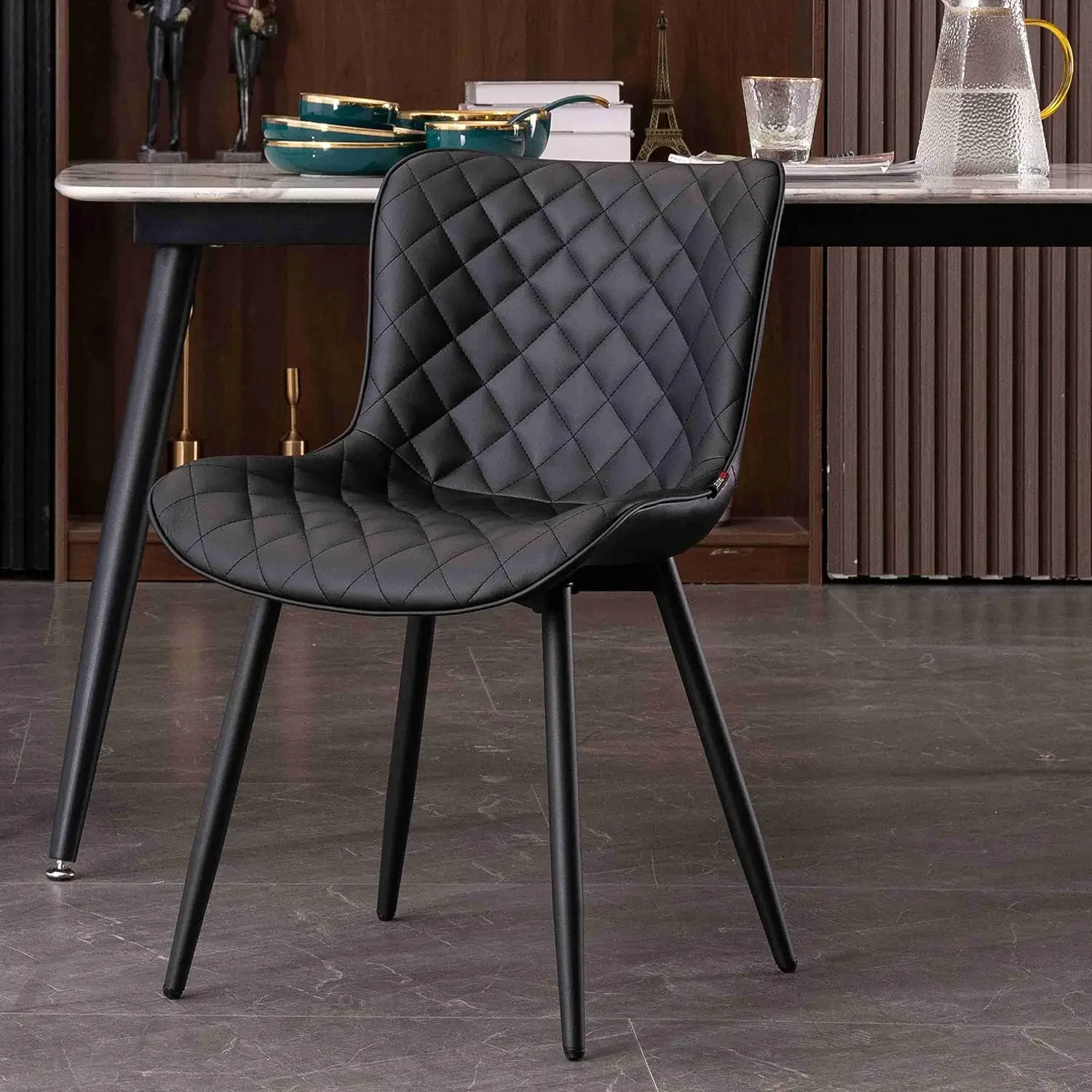 

YOUTASTE Black Dining Chairs Set of 2 Mid Century Modern PU Leather Diamond Upholstered Accent Guest Dinner Chair with Back