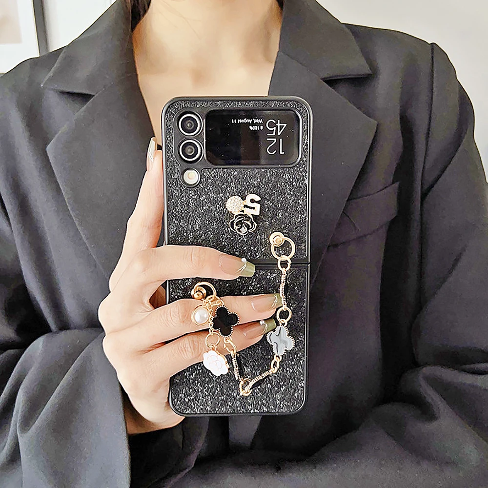 

Роскошный блестящий чехол для телефона с бриллиантовыми бусинами и цепочкой в виде цветка камелии для Samsung Galaxy Z Flip4 Z переворачивающийся матовый текстурный чехол-накладка