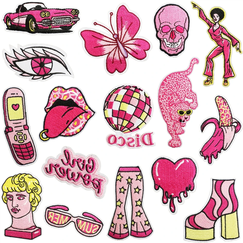 

Hot Sale 1pcs Patch Pink Girl Stickers Iron On Patches for Clothing Sewing Embroidery Fusible Applique Badge Decoration Stripes