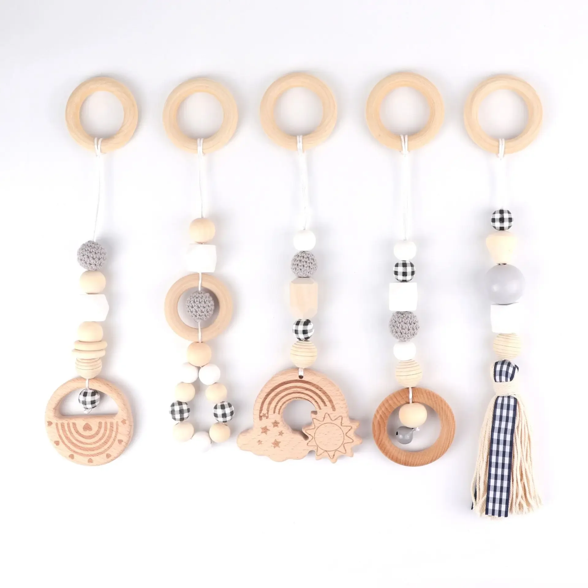 5pcs Baby Play Gym Frame Wooden Beech Activity Gym Frame Stroller Hanging Pendants Toys Teether Ring Nursing Rattle Room Decor