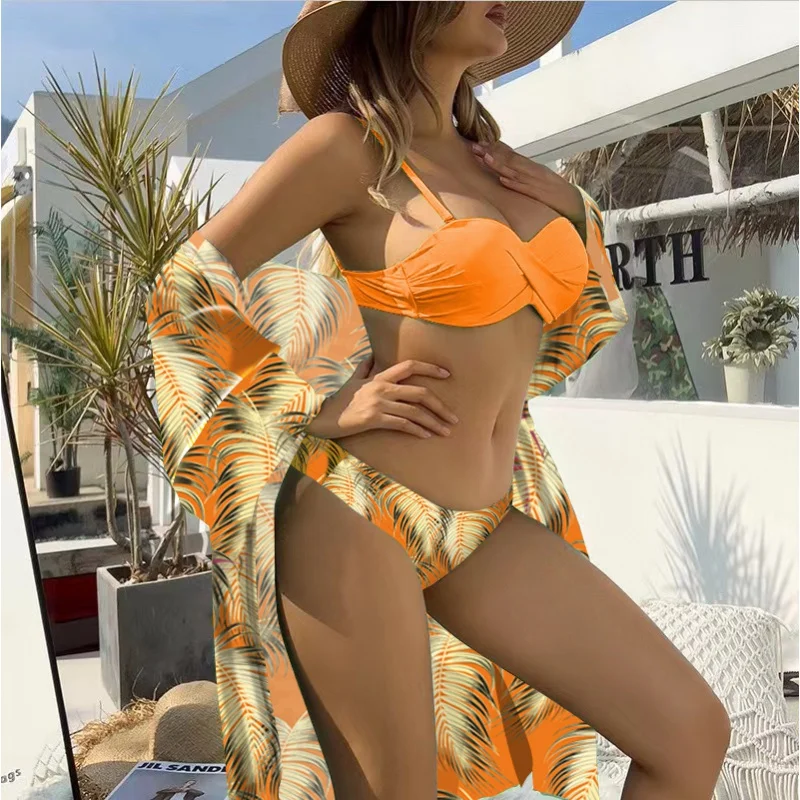 2024New Bikini Three Piece Swimsuit Long Sleeve Sun Protective Blouse Swimsuit