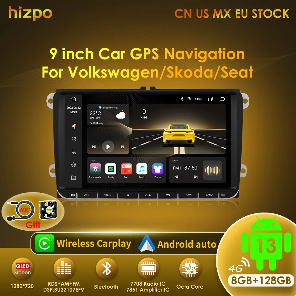 Hizpo reproductor Multimedia para coche 2din Android 13 Radio para VW Volkswagen Golf Polo Skoda Rapid Octavia Passat b6 7 Tiguan Carplay GPS