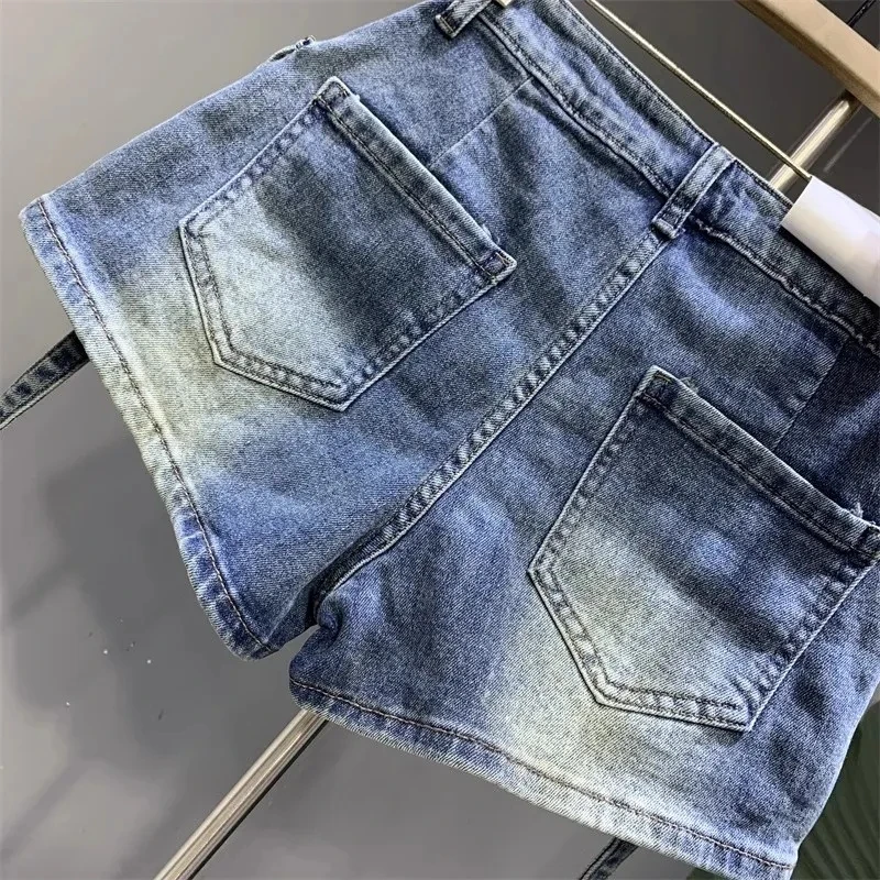 Retro Fashion Workwear Denim Shorts For Women Summer New Women Clothing Pocket High Waist Slimming Wide Leg Pants Ropa De Mujer