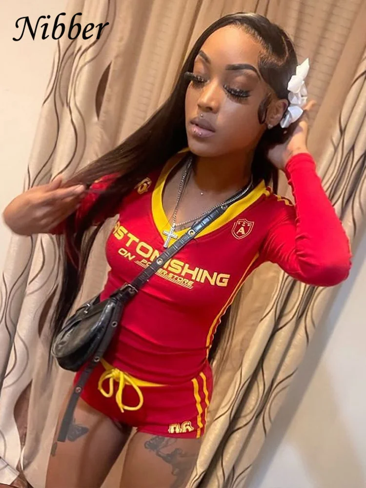 Nibber Women Tracksuit 2 Piece Set Stroke Tight Hipster Letter Print Sporty Casual Crop Tops+Shorts Vitality Matching Outfits