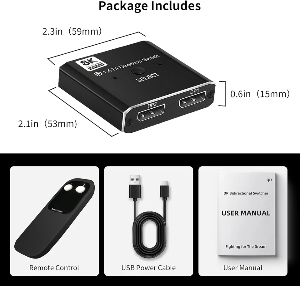 DisplayPort Switch 8K Splitter Bidirectional 4K 120Hz DP 1.4 Switcher Box with I