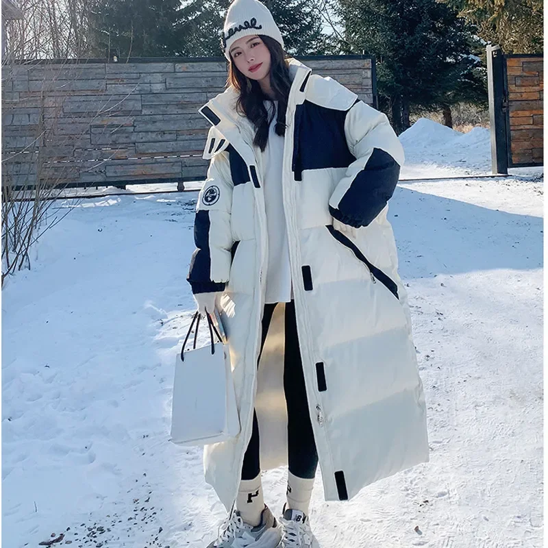 Korean Black White Patchwork Long Down Coat Hooded Padded Jacket Women Thicken Winter Warm Oversized Down Jacket Coat Overcoat