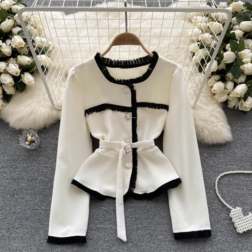 

Spring Senior Sense of Collision Color Ruffle Short Small Incense Wind Long Sleeve Chic Temperament Tops