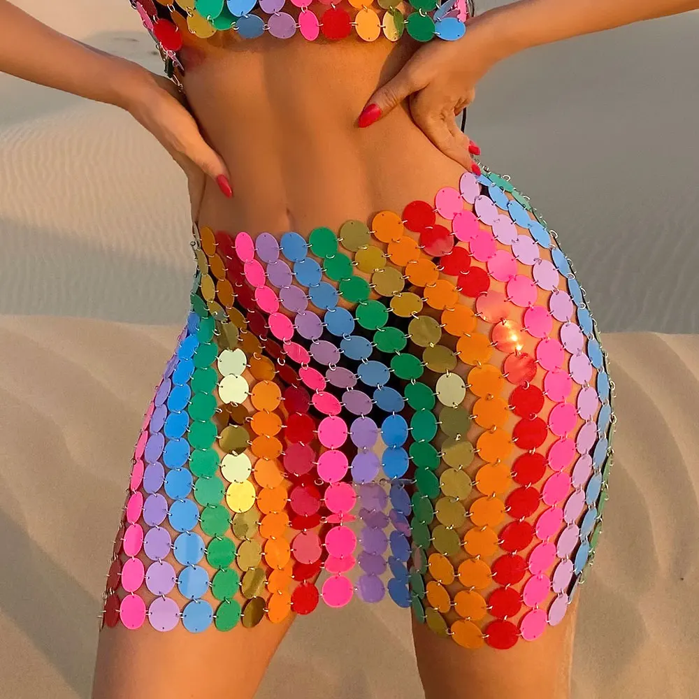 Sequins Bikini Body Chain Set Women Bling Rave Outfits Sexy Skirts Backless Bra Set Nightclub Festival Body Jewelry Accessories