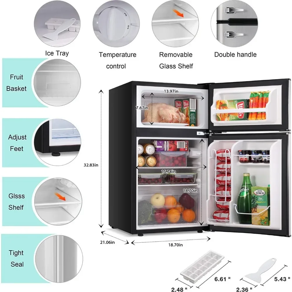 Mini refrigerator 3.2Cu Ft compact defrosting double door freezer for energy-saving storage of beverages vegetables and fruits