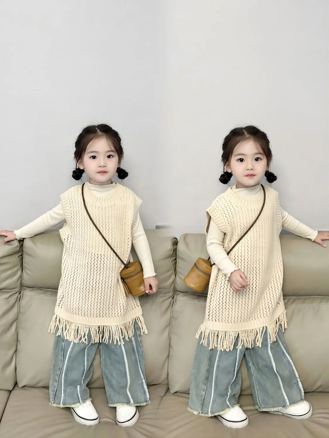 

Girl Suit 2023 New Spring Autumn Korean Fashion Style Sets Girls Knit Sweater Vest Solid Base Shirt Loose Pants Three Piece