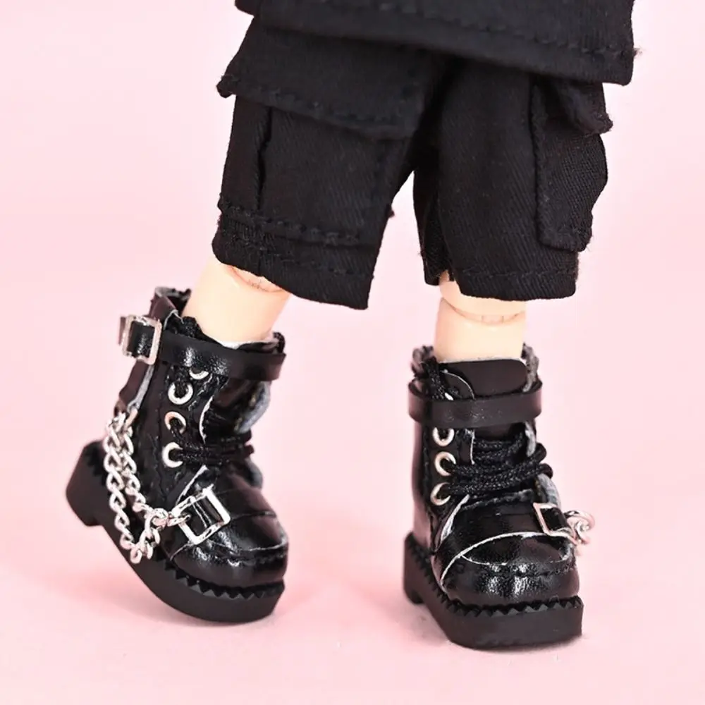 1 Pair High-top Obitsu 11 Doll Boots Metal Chain High-heeled 1/12 Bjd Doll Leather Shoes PU Leather Casual 1/12 Bjd Doll Boots