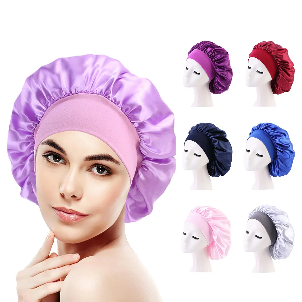 

Women Large Stretch Satin Sleep Cap Wide Brim Band Hair Care Hat Nightcap Wrap Head Turban Hijabs Bonnet Shower Caps For Lady