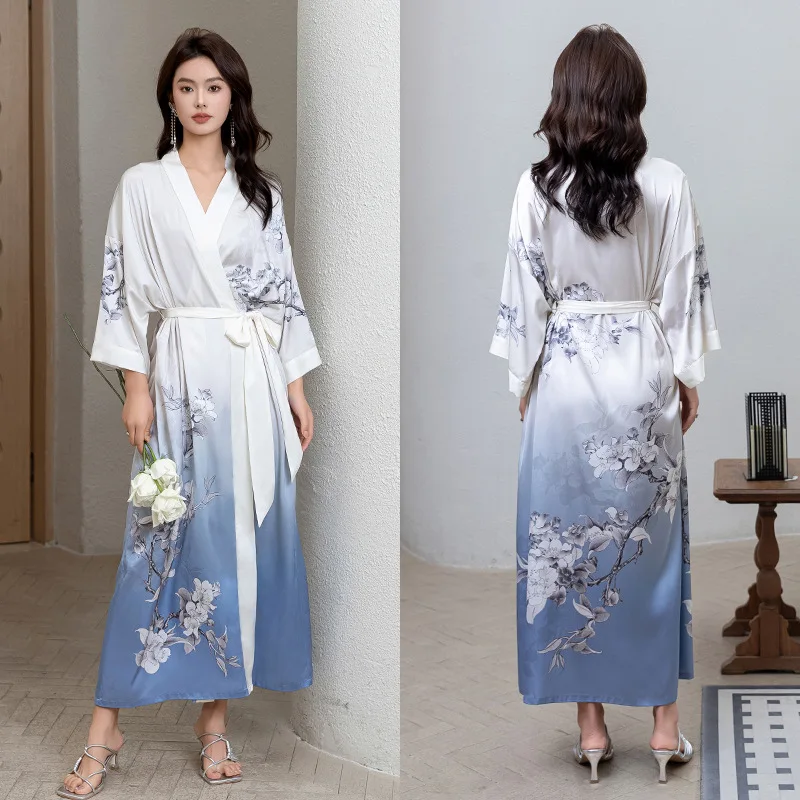 Print Flower Robe Long Bigsize Kimono Bathrobe Gown Women Rayon Sleepwear Loungewear Summer Spring Sleepdress Satin Nightwear