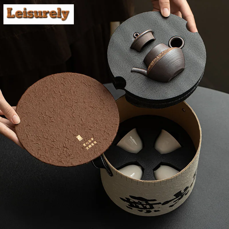 Cylinder Install Travel Tea Set Kit Zen 1 Pot 4 Cups Household Tea Making Organizer Portable Camping Handbag Supplies Drinkware