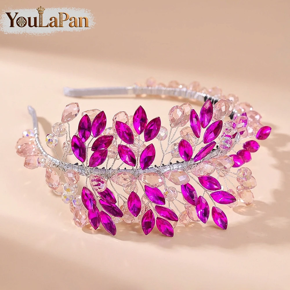 YouLaPan 패션 핑크 크리스탈 신부 머리띠 럭셔리 라인스톤 헤어 후프 웨딩 헤어 액세서리 신부 파티 A139