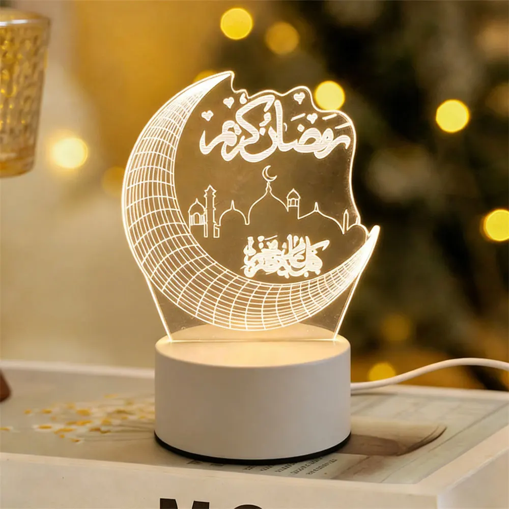 LED Night Light with 3D Moon Castle Design - Acrylic Eid Mubarak Ornament for Holiday and Festival Decor