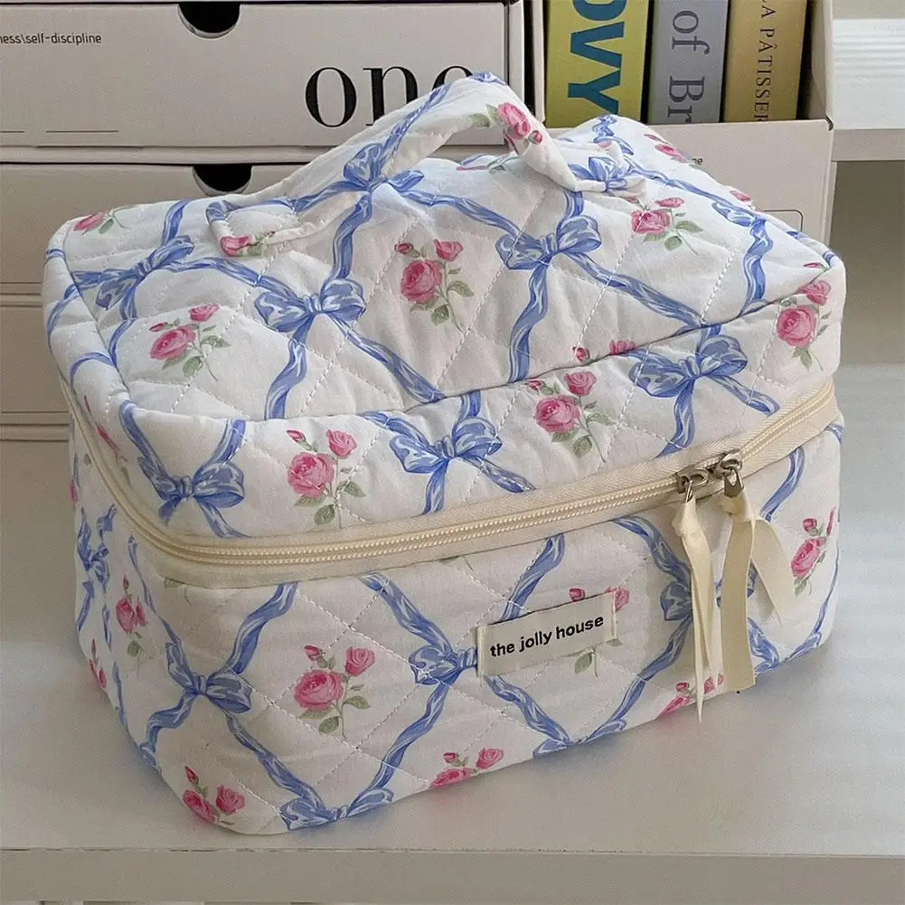 Women Cute Bow Flower Zipper Quilting Cotton Makeup Bag
