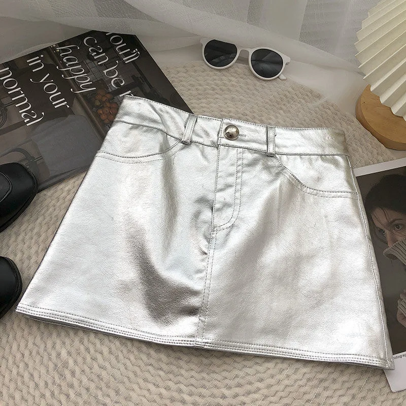 Children Skirts Girls Leather Shorts 3-15 baby girls pu Leather Short Skirt One Button Elastic Belt Waist Anti Walk Shiny