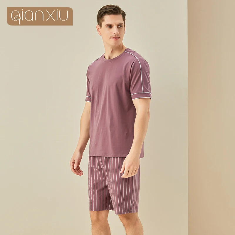 Summer New Men's Cotton Solid Color Short Sleeve Round Collar Top Stripe Shorts Home Set Simple  Sleepwear Home Suit
