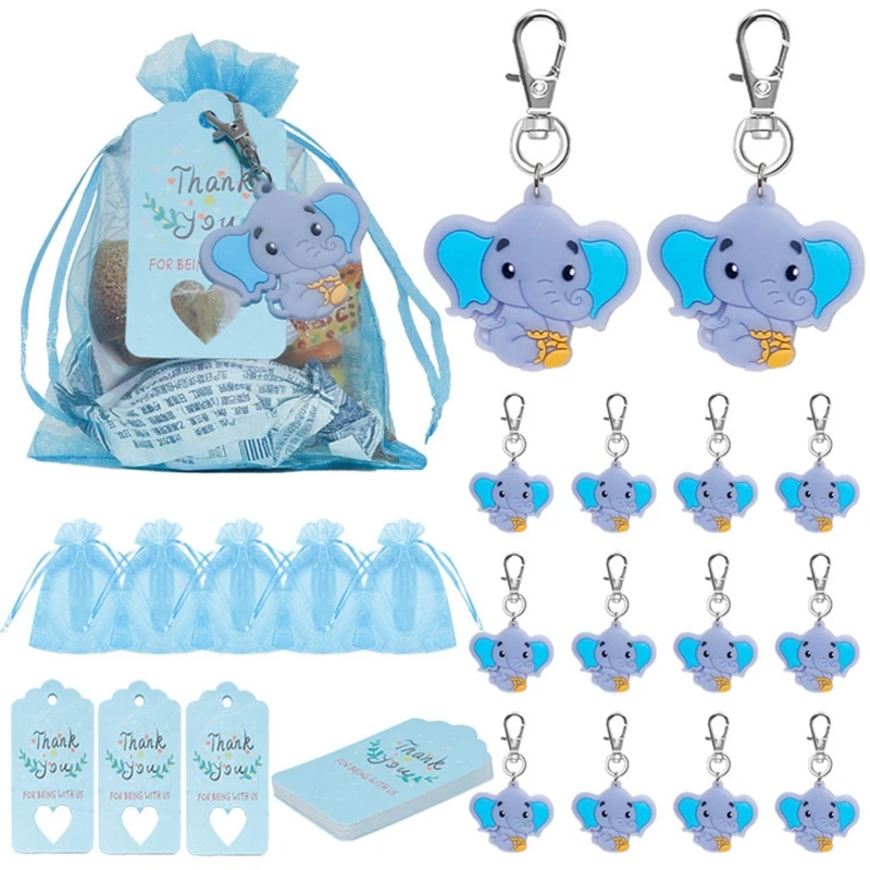 

Elephant Favor Keychains Pendant Key Chains Thank You Kraft Tags Organza Bags for Baby Shower Bridal Wedding Shower
