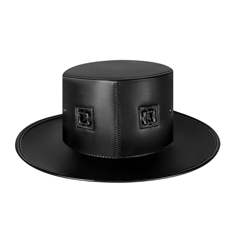 

Flat Top Hat Steampunk Skull Badges Gothic Victorians Hat Halloween Women Small Brims PU Hat Stage Performances Hat