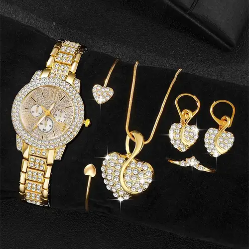 Women's Quartz Watch Gold Luxury Women Ring Necklace Earring Rhinestone Fashion Wristwatch Casual Ladies Watches Jewelry Set - Image 2