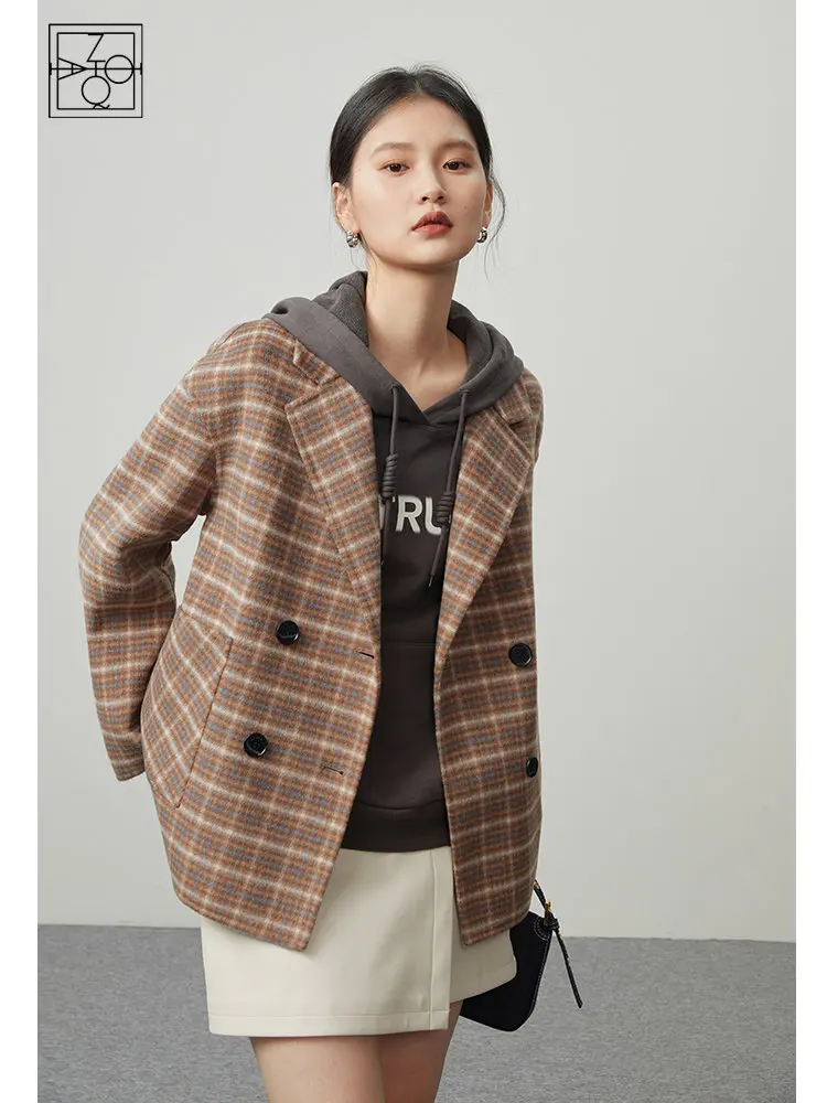ZIQIAO British Style Plaid Wool Suit Jacket Women Winter Niche