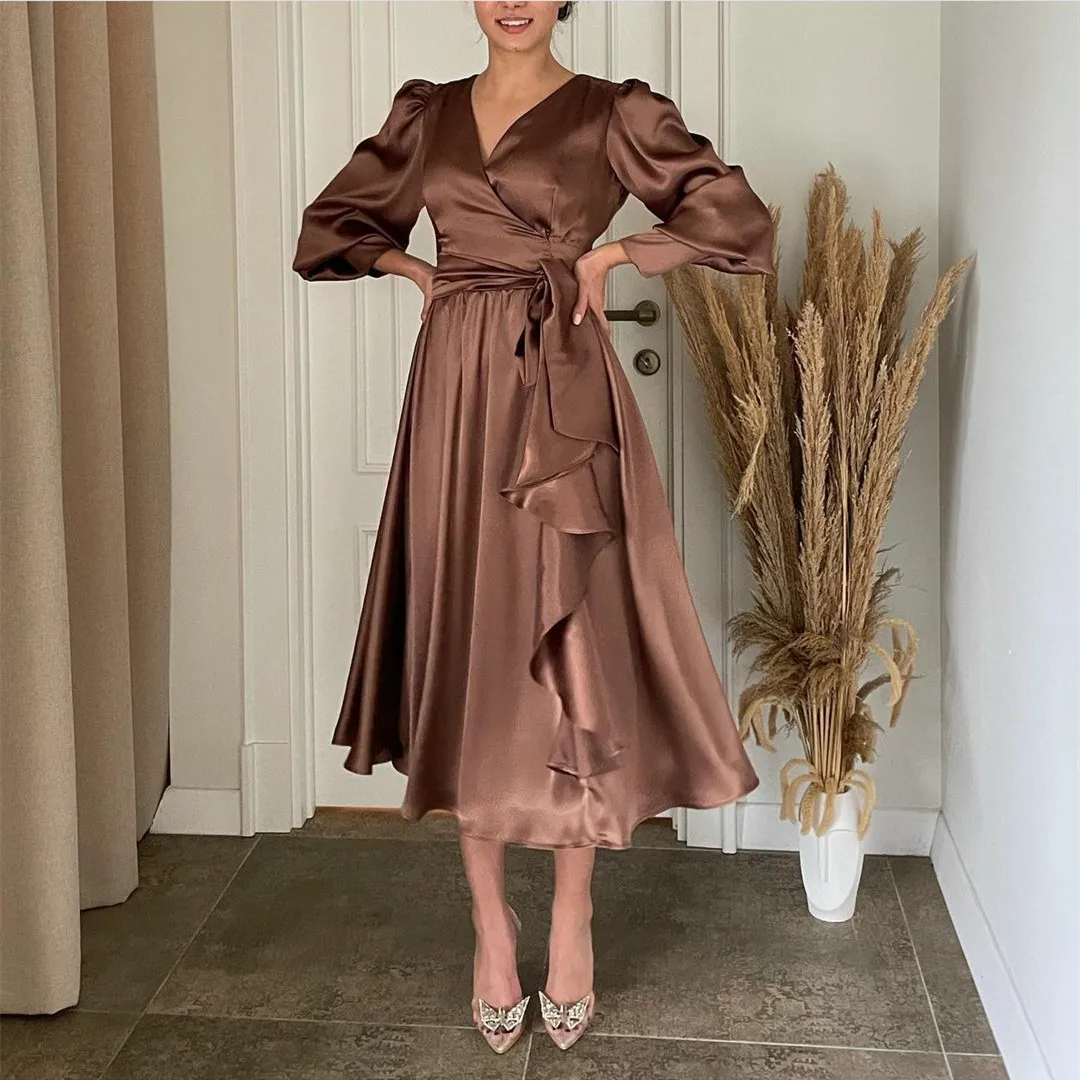 

Elegant Short V-Neck Evening Dresses With Sash Pleated A-Line Satin Tea Length فساتين السهرة Prom Gowns for Women