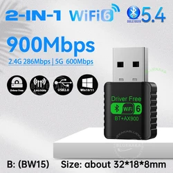 Enhanced Mini USB Bluetooth 5.4 & WiFi 6 Dual Band Adapter (Model B)