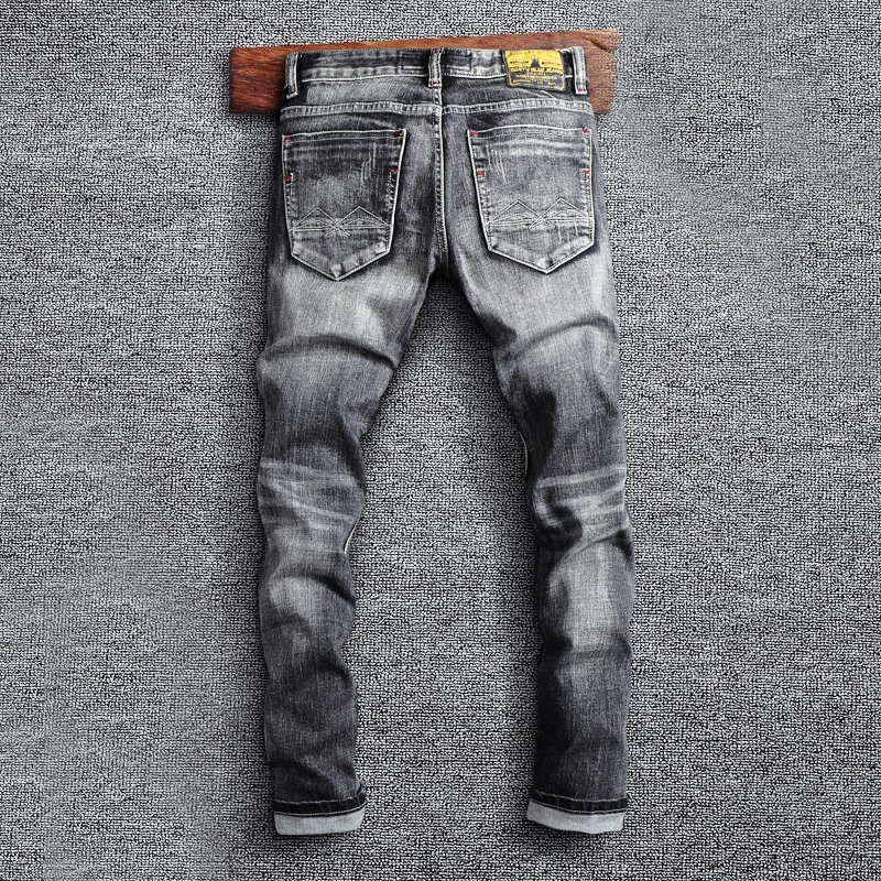 Men Jeans Ripped Jeans Italian Style Fashion Men Jeans Retro Gray Elastic Slim Fit Ripped Jeans Men Trousers Vintage Designer Casual Denim Pants Hombre