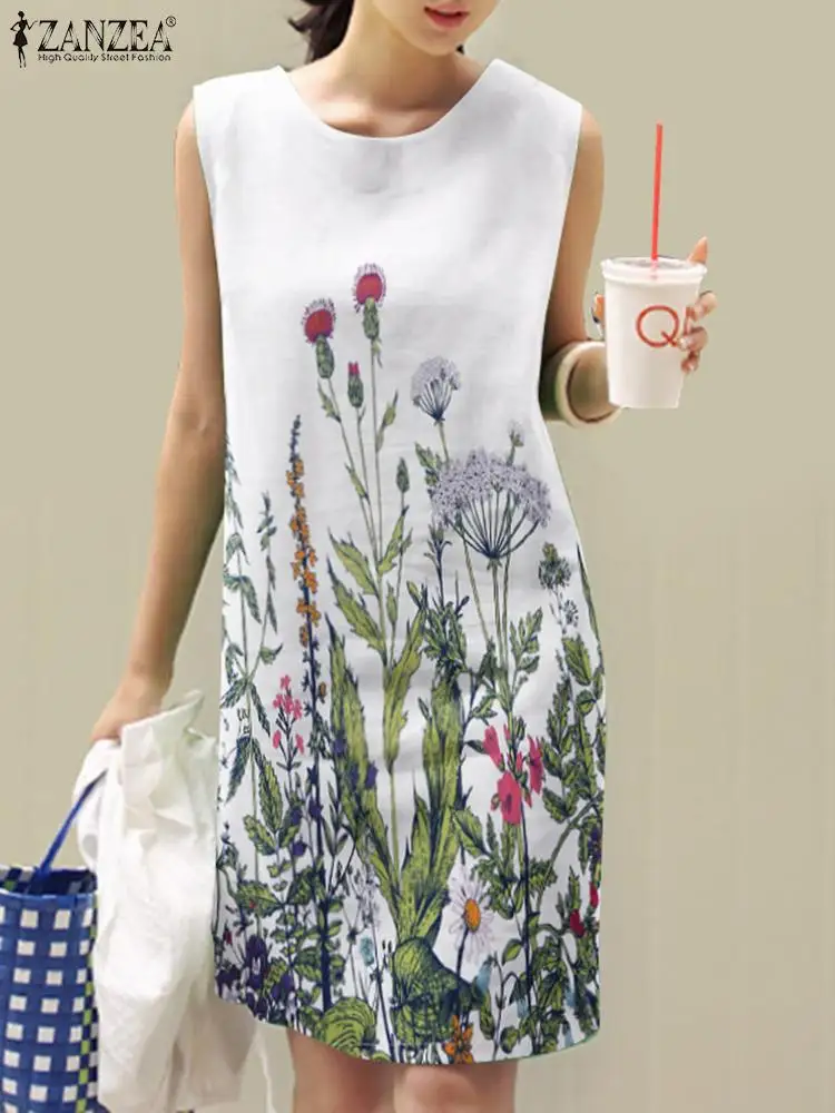 

ZANZEA Summer Casual Sleeveless Dresses Bohemian Floral Printed Dress Woman O-Neck Tank Vestidos Female Holiday Party Sundress