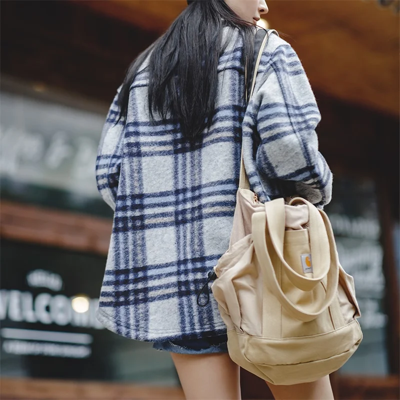 Maden-Women's Contrast Checked Jacket, American Leisure, Academy Style Denim Coat, Loose Fit, Warm, Autumn, Winter