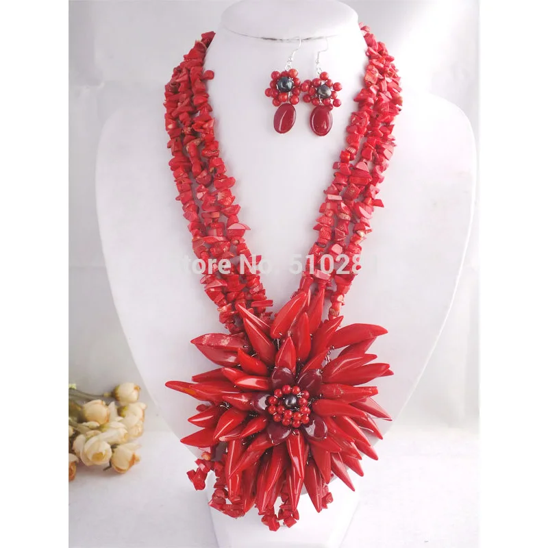 

Beauty African Wedding Coral Jewelry Set Necklace Earrings 22"
