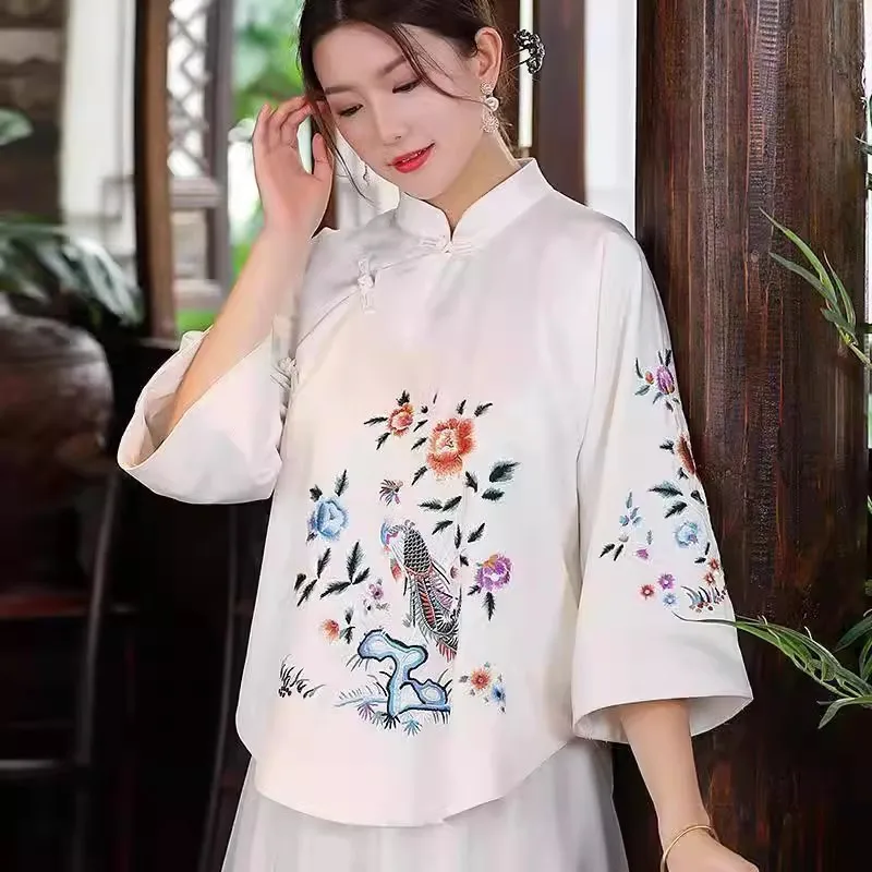 Blouse Eleganti Loose Female Shirt Autumn Ethnic Style Tang Suit Coat Vintage Harajuku Embroidery Chinese Tops Women
