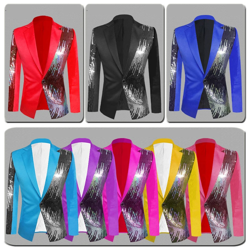 Navy Blue/Royal Fashion Sequin Performance Jackets for Men Eight Color Nightclub Stage Singer Casual Blaser Masculino