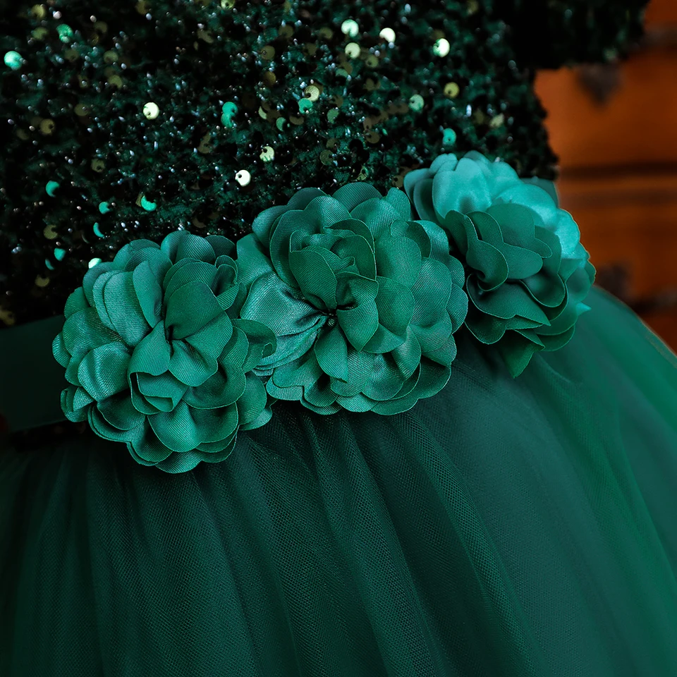 green emerald velvet dress Luxury Green Girl Dress One Shoulder Satin Dubai Kids Gown J368 Green / Child-6 main image 0