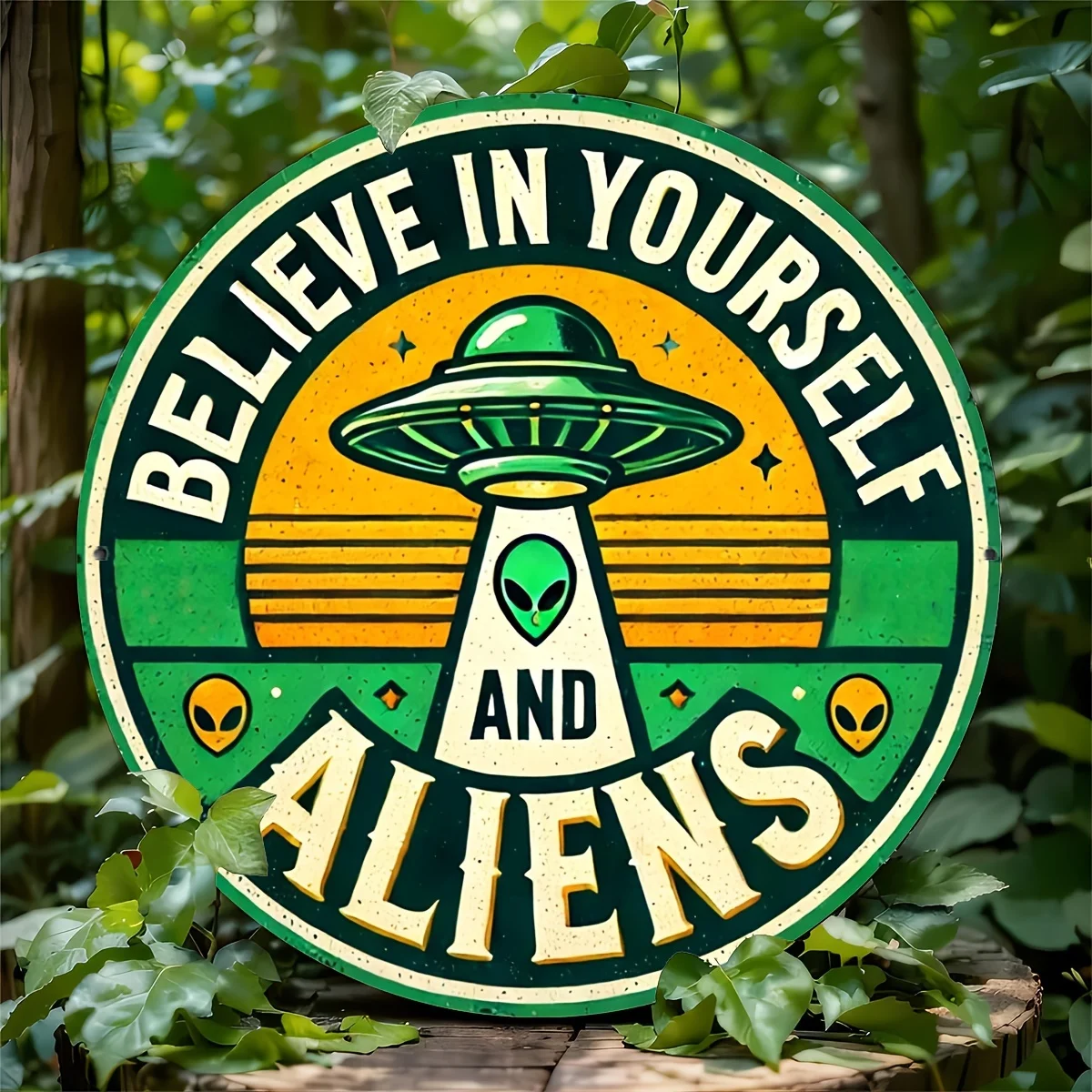 자신과 외계인을 믿으세요 UFO 원형 금속 사인, 레트로 외계인 예술, 빈티지 스타일 SF 장식 선물