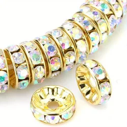 Vibrant 8mm Flat Circular Inlaid Water Diamond Beads - 120pcs for DIY Bracelets and Jewelry Crafting (Golden - ab Color)