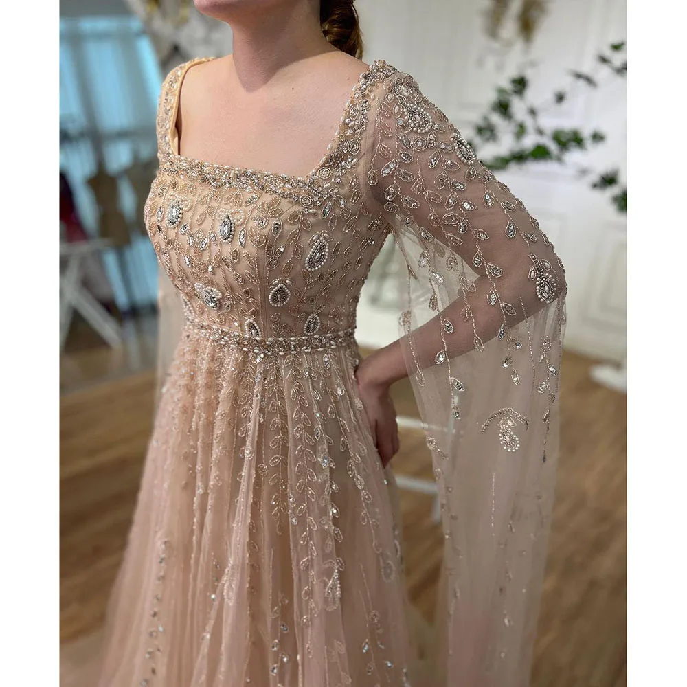 Serene Hill Muslim Pink A Line Square Collar Beaded Luxury Dubai Evening Dresses Gowns 2023 For Women Wedding Party LA71803A