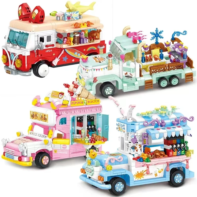 

Mini City Micro Creative Outing Bus Friends Camper Van Camping Car Ice Cream Shop Princess Building Blocks Bricks Toy For Girls