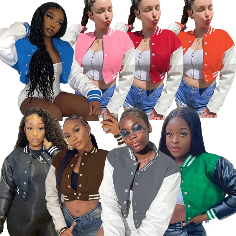 

Varsity Baseball Patchwork Jacket Winter Clothes Women 2022 Cropped Cyber Y2K Streetwear Racing Bomber Leather Jackets Coat