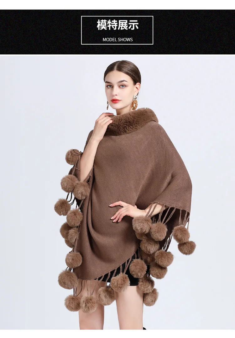 Description Picture 3 of item5 Colors Women Loose Poncho Bottom Pompon Cape Winter Warm Faux Rabbit Fur Neck Cloak Out Street Pullover Shawl Streetwear