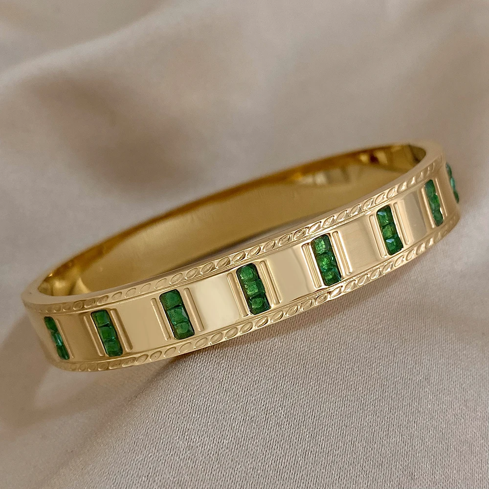 316L Stainless Steel Geometric Green Zircon Bangles Bracelets for Women Cuff Fashion Wrist Jewelry Gifts Accessories 4