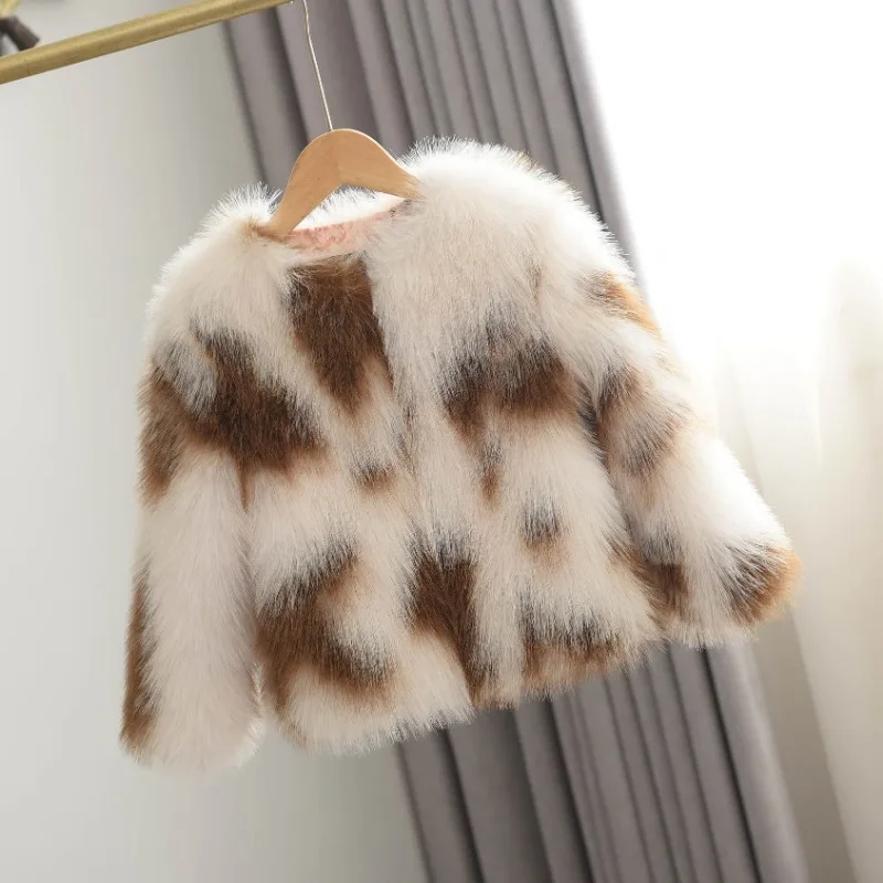 Winter Patchwork Fur Coat for Girls Short Round Neck - Uniqwear
