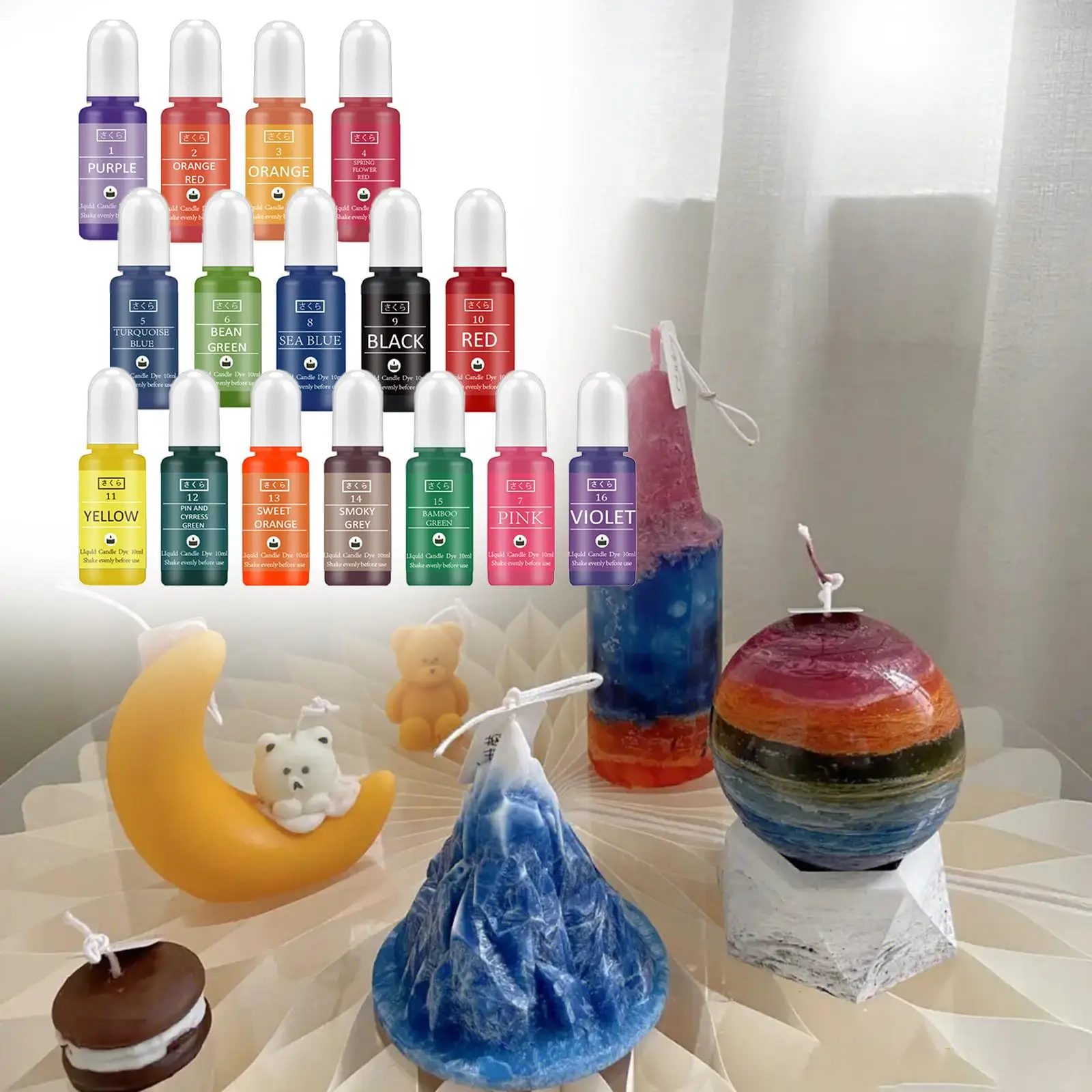 16Pcs Candle Liquid Dye Concentrate Candle Making Soap Coloring 10ml Each Color Dye DIY Art Crafts Painting