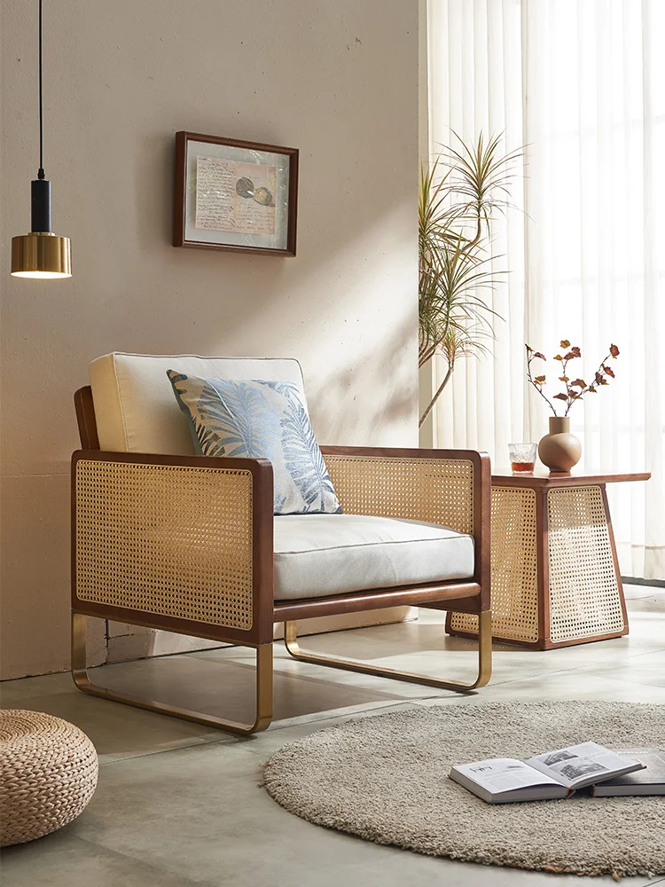 

Rattan sofa chair, hotel café reception and negotiation solid wood single lounge chair